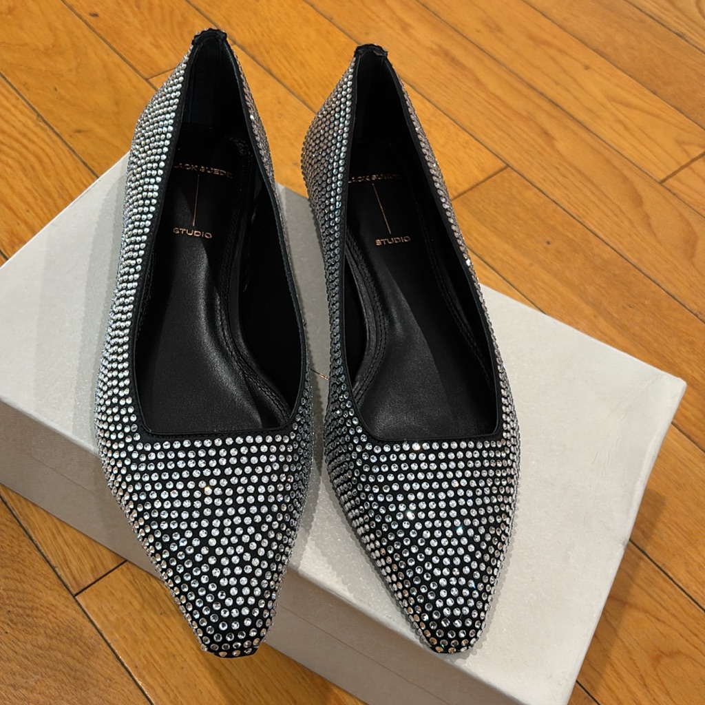 Black Suede Studio Aria Flat In Black Satin, Size: 8